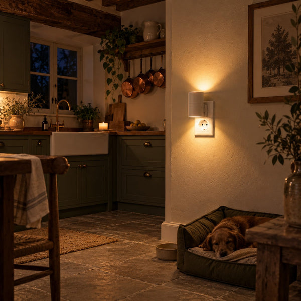 Vit LED-vägglampa tänd i ett lantkök