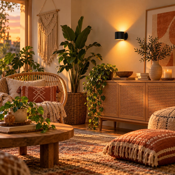 Svart vegglampe over skjenk i boho-stue