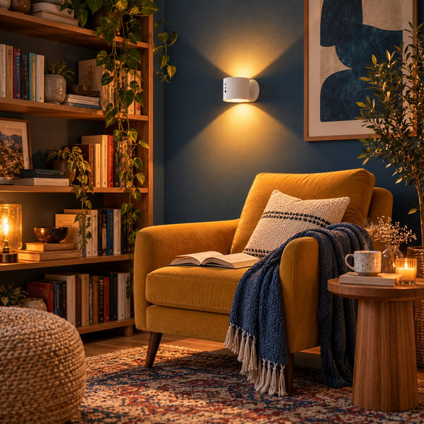 Hvit vegglampe i lesekroken