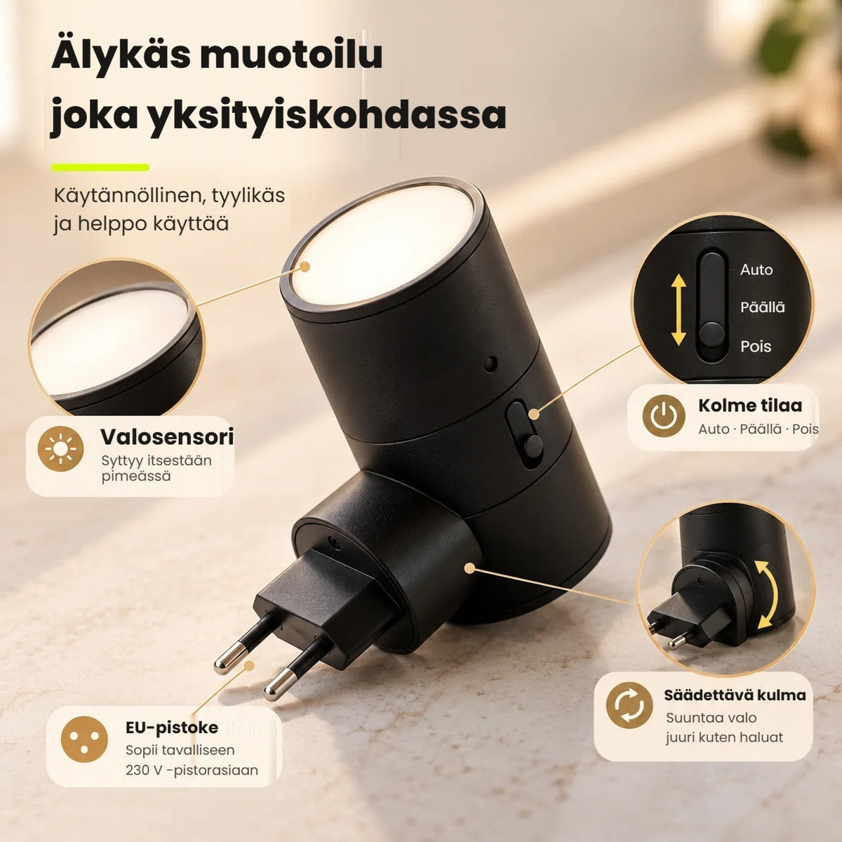 Älykäs LED-seinävalaisin valosensorilla