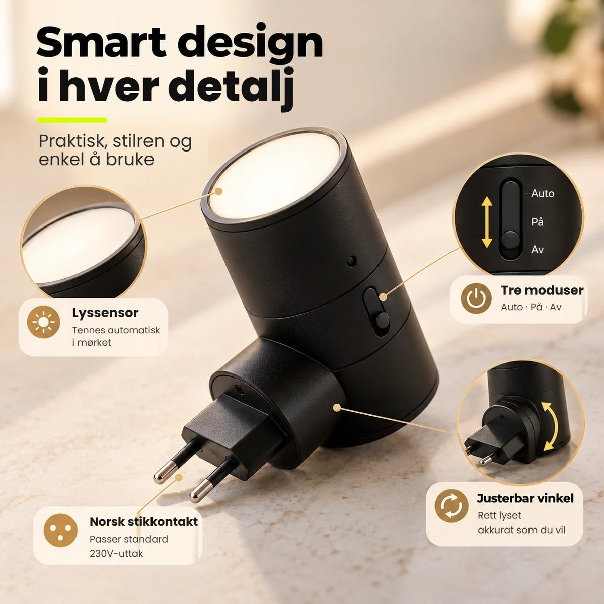 Smart LED-vegglampe med lyssensor